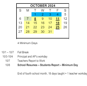 District School Academic Calendar for Marshall (thurgood) Elementary for October 2024