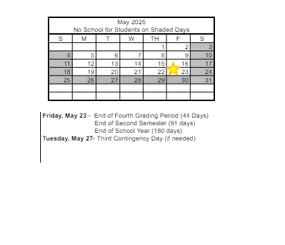 District School Academic Calendar for Edith Garehime Elementary School for May 2025
