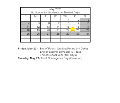 District School Academic Calendar for Sheila R. Tarr Elementary School for May 2025