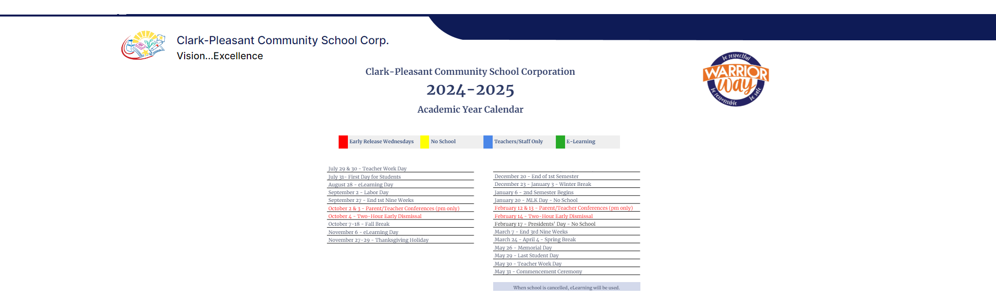 District School Academic Calendar Key for Clark Elementary School