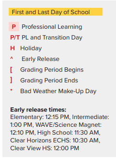 District School Academic Calendar Legend for Seabrook Intermediate