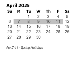 District School Academic Calendar for Eastvalley Elementary School for April 2025