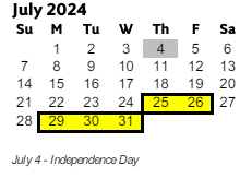District School Academic Calendar for Argyle Elementary School for July 2024