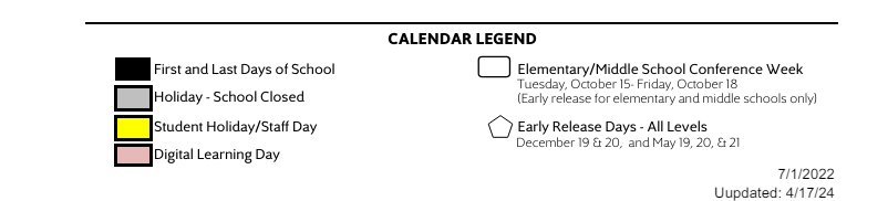 District School Academic Calendar Key for Brown Elementary School