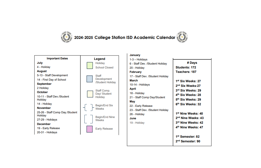 District School Academic Calendar Key for College Station Middle School