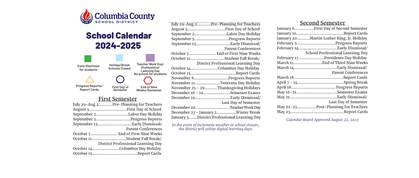 District School Academic Calendar Key for Columbia Middle School