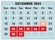 District School Academic Calendar for Huy Elementary School @ Gladstone for December 2024