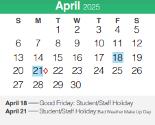 District School Academic Calendar for Bill Brown Elementary School for April 2025