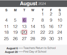 District School Academic Calendar for Freiheit Elementary for August 2024