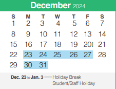 District School Academic Calendar for Memorial High School for December 2024