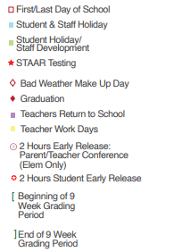 District School Academic Calendar Legend for Spring Branch Middle
