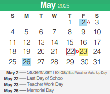 District School Academic Calendar for Bill Brown Elementary School for May 2025