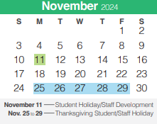 District School Academic Calendar for Mountain Valley Middle School for November 2024