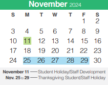 District School Academic Calendar for Spring Branch Middle for November 2024