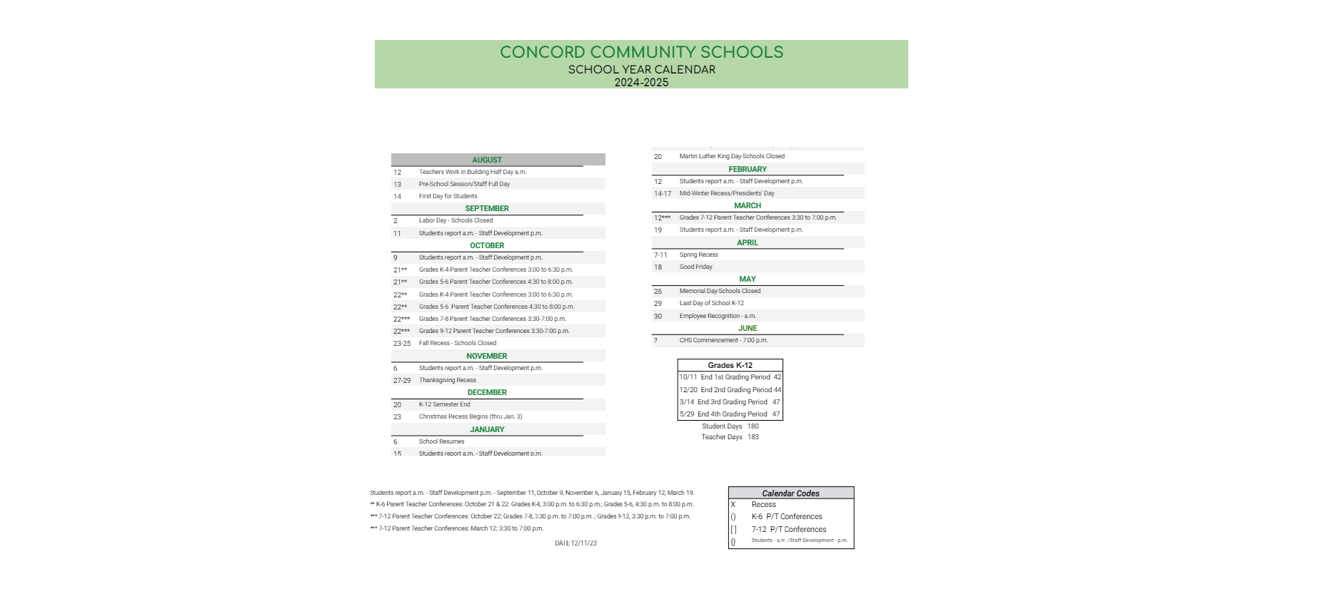 District School Academic Calendar Key for Concord South Side Elem School
