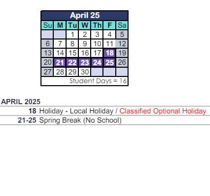 District School Academic Calendar for Park Oaks Elementary for April 2025