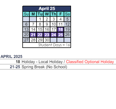 District School Academic Calendar for Acacia Elementary for April 2025