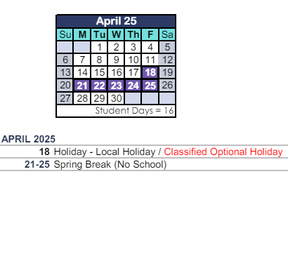 District School Academic Calendar for Westlake Elementary for April 2025