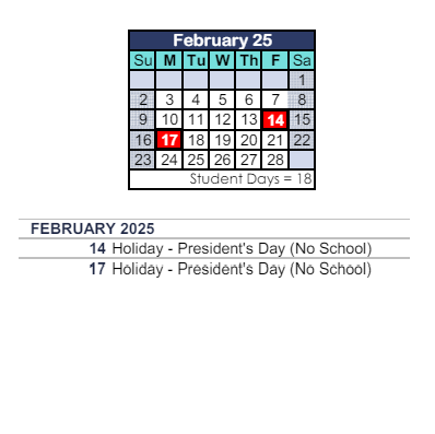 District School Academic Calendar for Walnut Elementary for February 2025