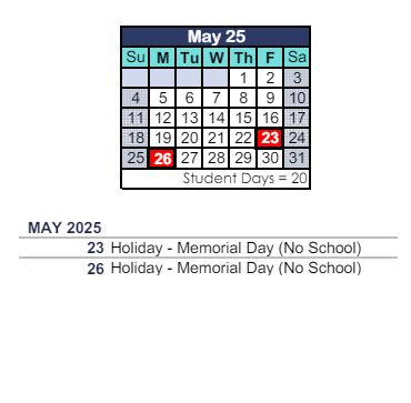 District School Academic Calendar for Sycamore Canyon School for May 2025