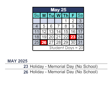 District School Academic Calendar for Westlake Elementary for May 2025