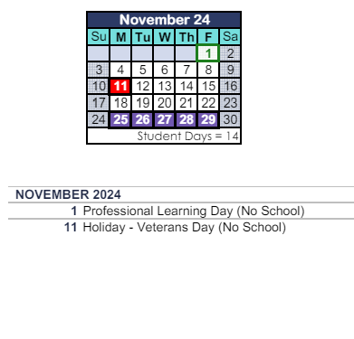 District School Academic Calendar for Park Oaks Elementary for November 2024