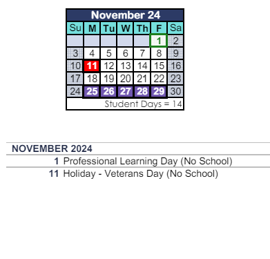 District School Academic Calendar for Westlake Elementary for November 2024