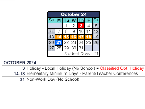 District School Academic Calendar for Walnut Elementary for October 2024