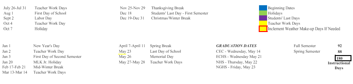 District School Academic Calendar Key for Arbor Springs Elementary