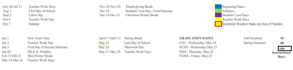 District School Academic Calendar Key for East Coweta Middle School