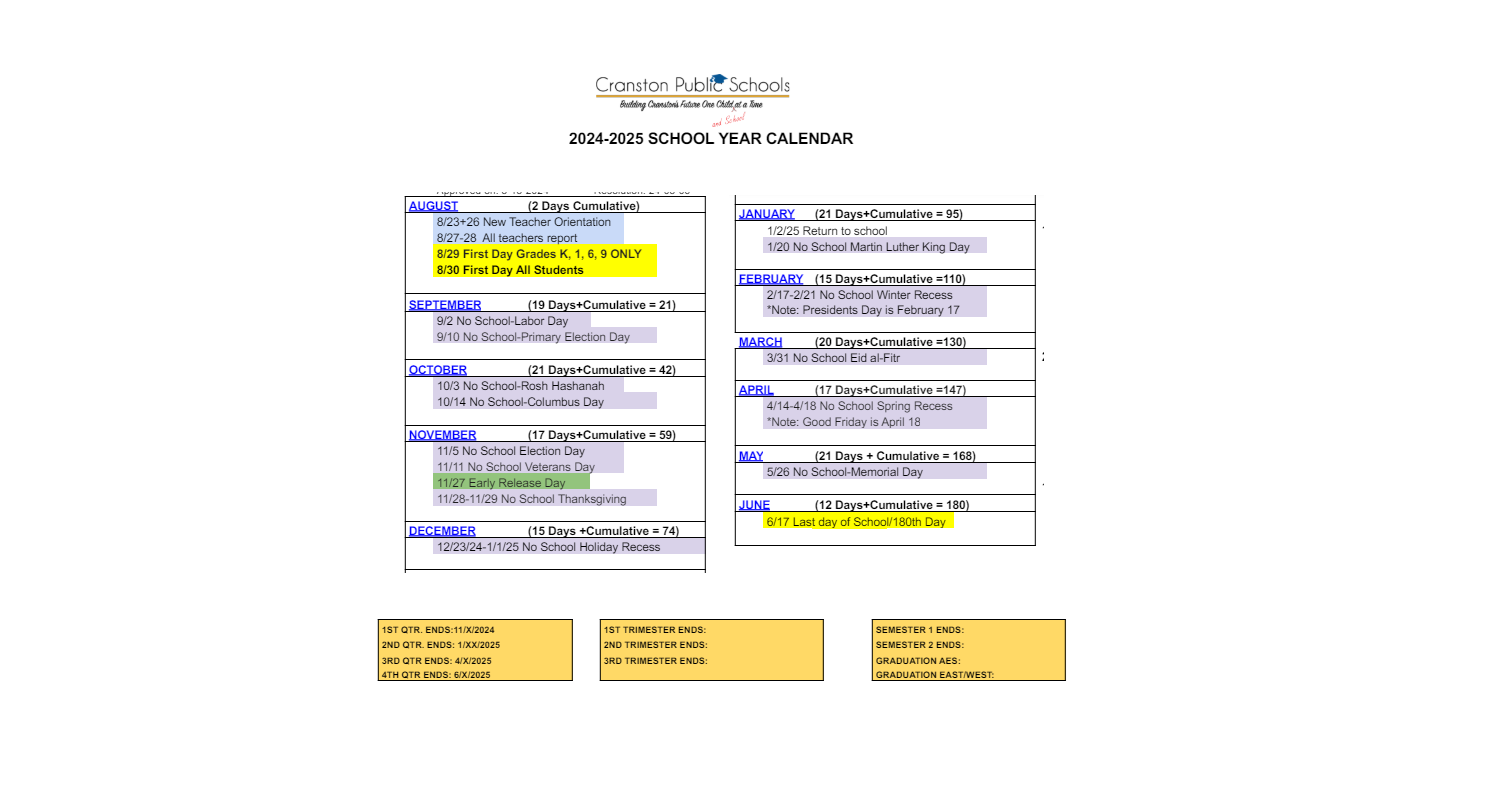 District School Academic Calendar Key for Daniel D. Waterman School