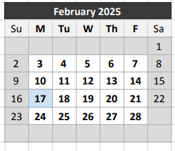 District School Academic Calendar for Billy E Dade Middle School for February 2025