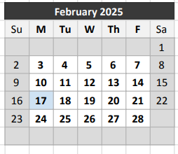 District School Academic Calendar for W E Greiner Middle for February 2025