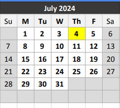 District School Academic Calendar for H S Thompson Elementary School for July 2024