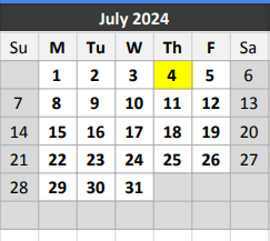 District School Academic Calendar for Julian T Saldivar Elementary School for July 2024