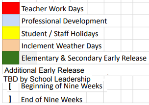 District School Academic Calendar Legend for Sam Tasby Middle School