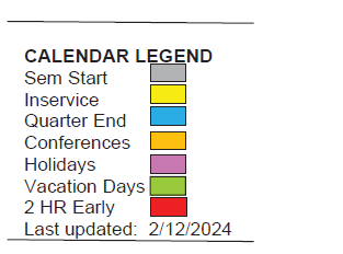 District School Academic Calendar Legend for Sudlow Intermediate