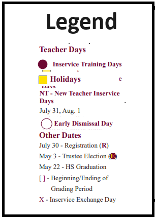 District School Academic Calendar Legend for Early Childhood Center