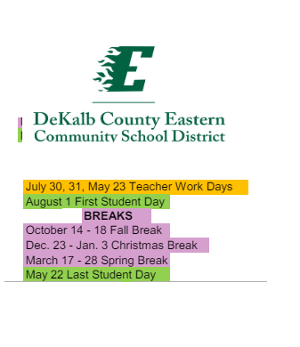 District School Academic Calendar Legend for Northeast In Spec Ed Coop