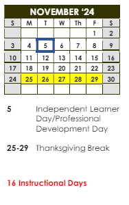 District School Academic Calendar for Hawthorne Elementary School for November 2024