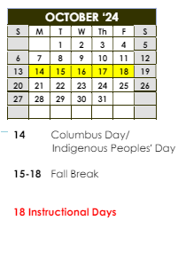 District School Academic Calendar for Vanderlyn Elementary School for October 2024