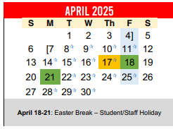 District School Academic Calendar for Travis Co J J A E P for April 2025