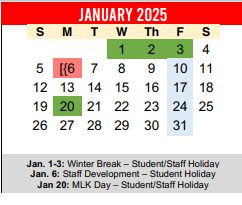 District School Academic Calendar for Travis Co J J A E P for January 2025