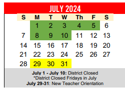 District School Academic Calendar for Hillcrest Elementary School for July 2024