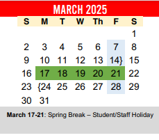District School Academic Calendar for Travis Co J J A E P for March 2025