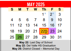 District School Academic Calendar for Del Valle Junior High for May 2025