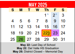 District School Academic Calendar for Del Valle Opportunity Ctr for May 2025