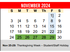District School Academic Calendar for Travis Co J J A E P for November 2024