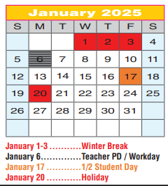 District School Academic Calendar for Lee Elementary for January 2025
