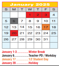 District School Academic Calendar for Regional Day Sch Deaf for January 2025